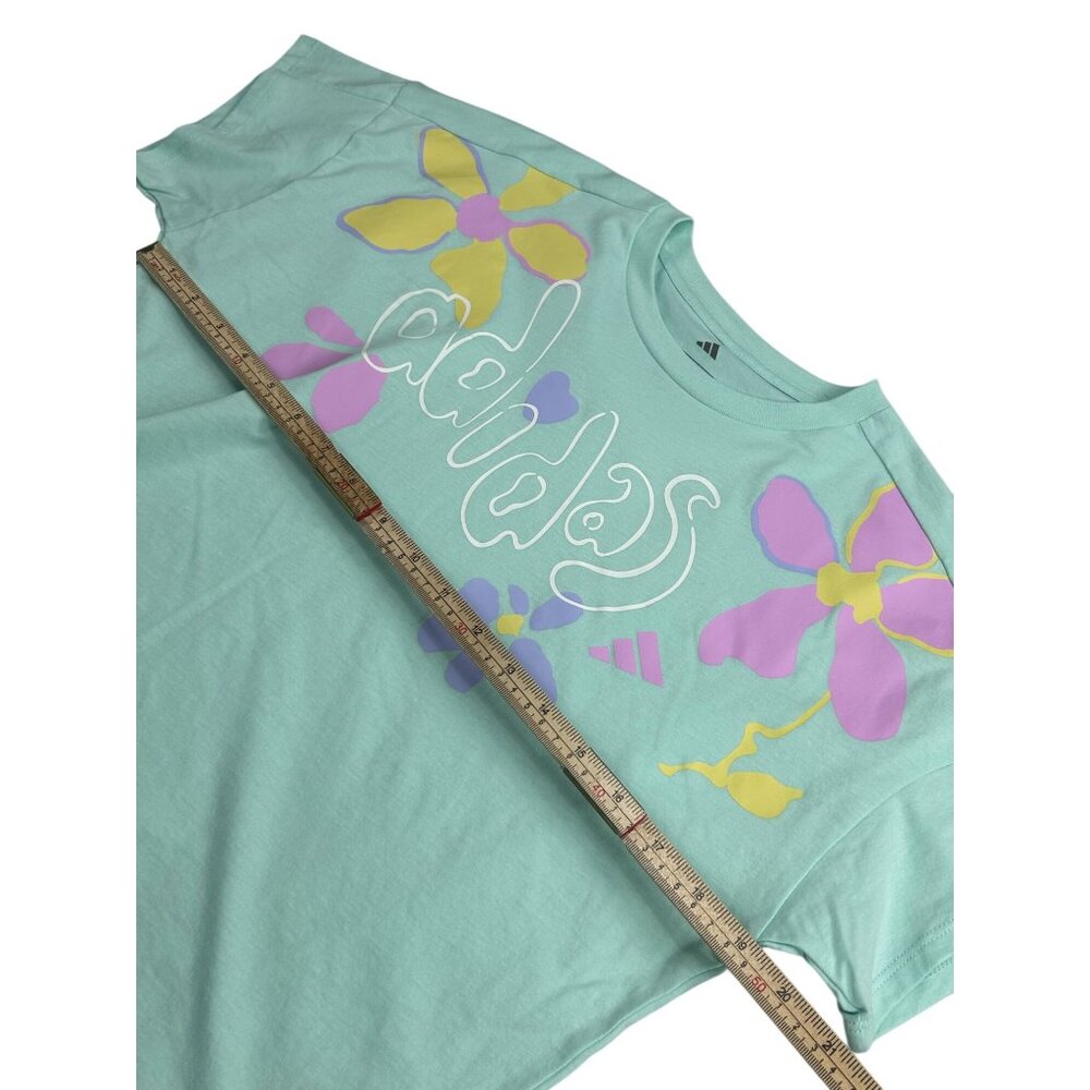 Adidas Girls Loose Fit Aqua T-Shirt With Floral Design 100% Cotton Size L (14) - Picture 8 of 9